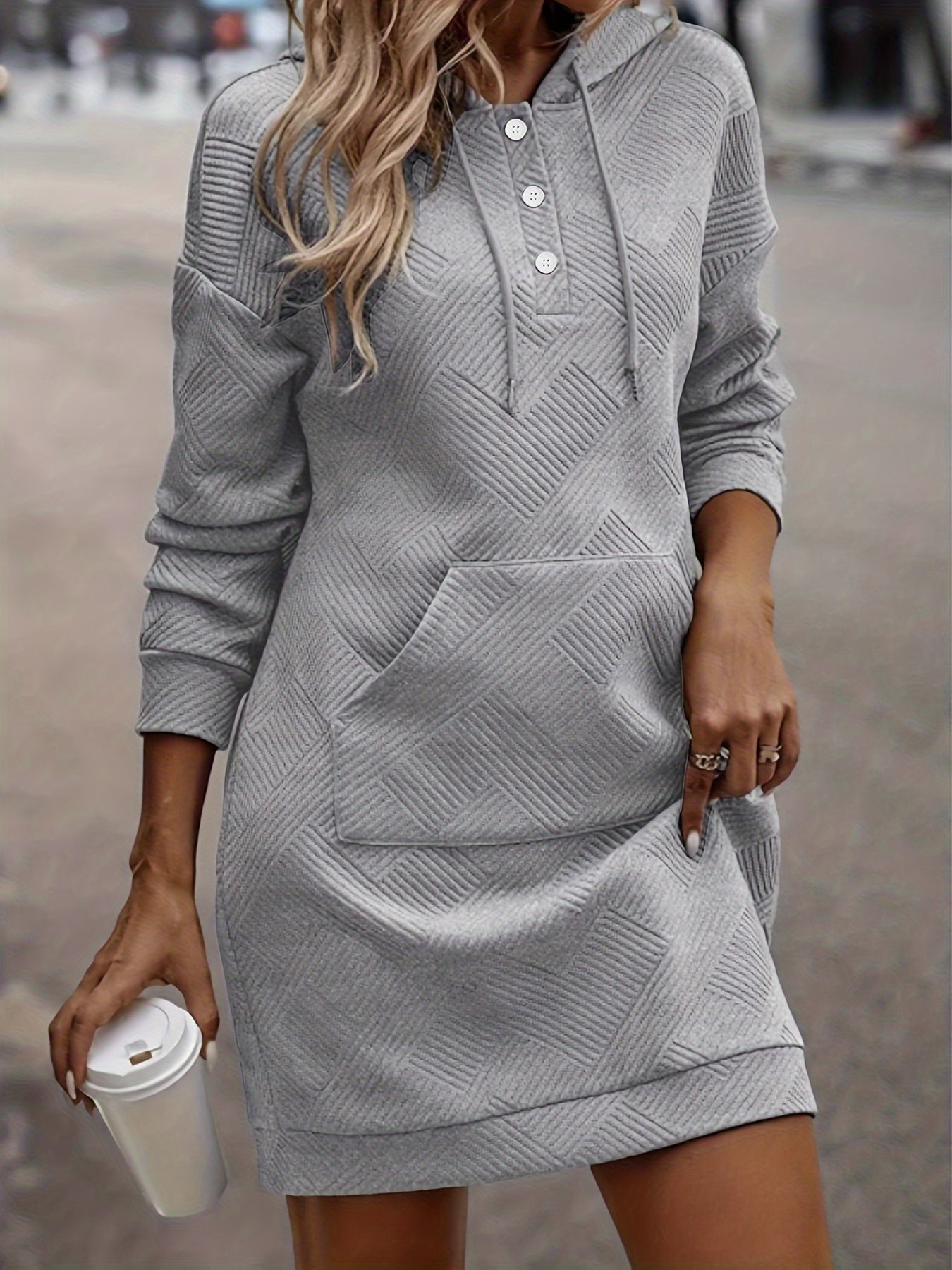 Solid Jacquard Hoodie Sweatshirt Dress