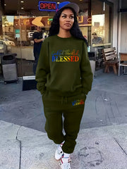 Blessed Letter Print Casual 2pc Set Long Sleeve Tops & Jogger Pants