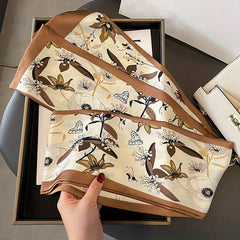 Flower Print Skinny Scarf Double Layer Silk Scarf Long Ribbon Neck Tie