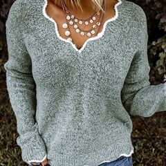 Scallop Trim Knit Sweater V Neck Long Sleeve Women's Clothing