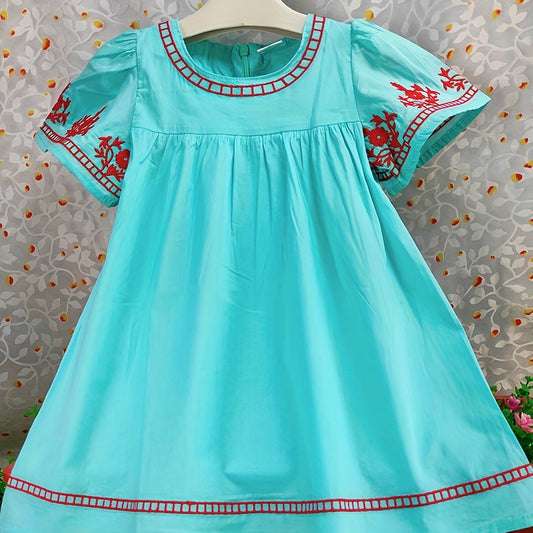 Girls Floral Embroidery Short Sleeve Cotton Dress Boho Style