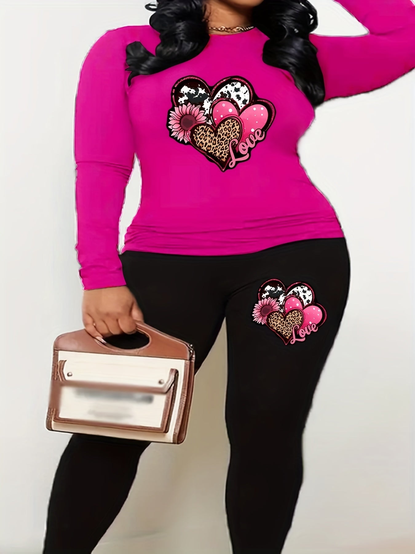 Women's Plus Size Leopard Heart Print Top & Leggings Set