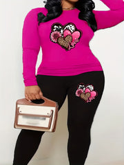 Women's Plus Size Leopard Heart Print Top & Leggings Set