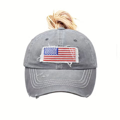 Ponytail Flag Patch Baseball Cap Gray Washed Distressed Lightweight Sun Hat