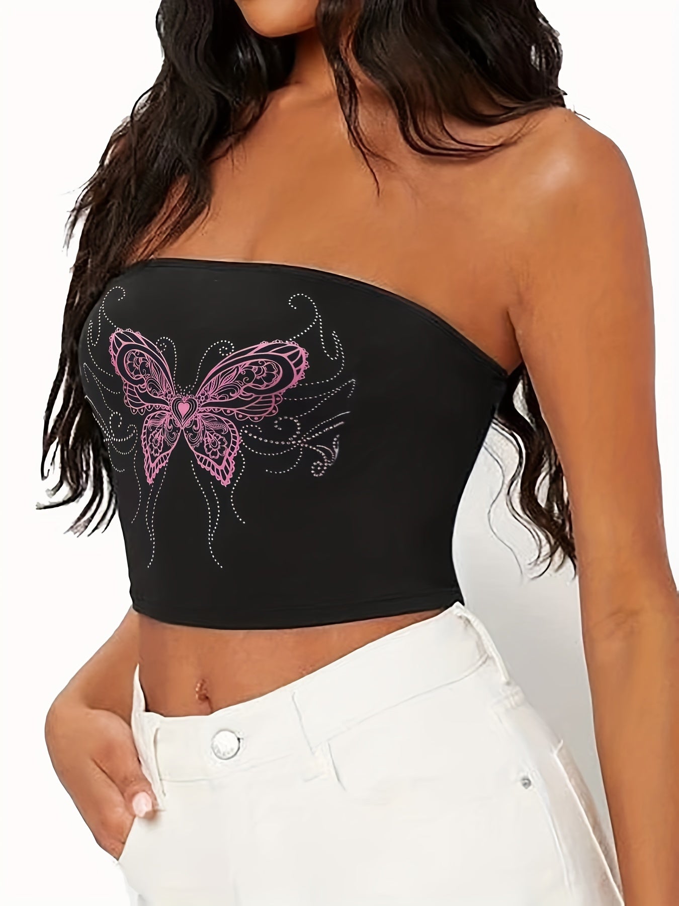 Butterfly Print Crop Tube Top Sleeveless Summer Casual Top