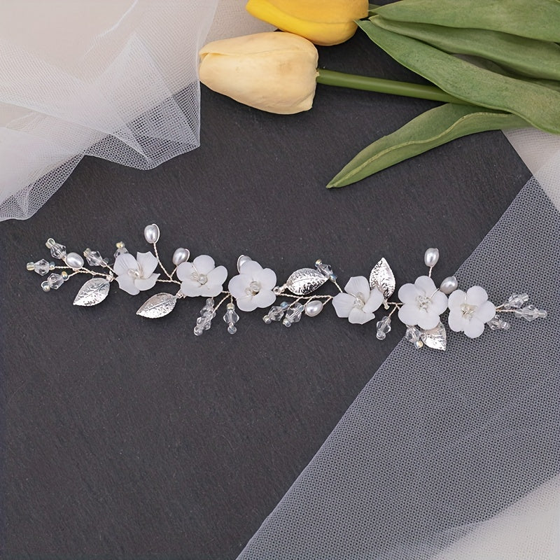 Faux Pearl Bridal Flower Headpiece Leaf Shape Headband Wedding Hair Accessories