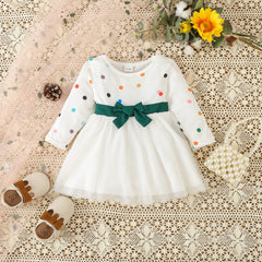 Baby Girls Colorful Dotted Mesh Belted Bow Dress Party Princess Dress