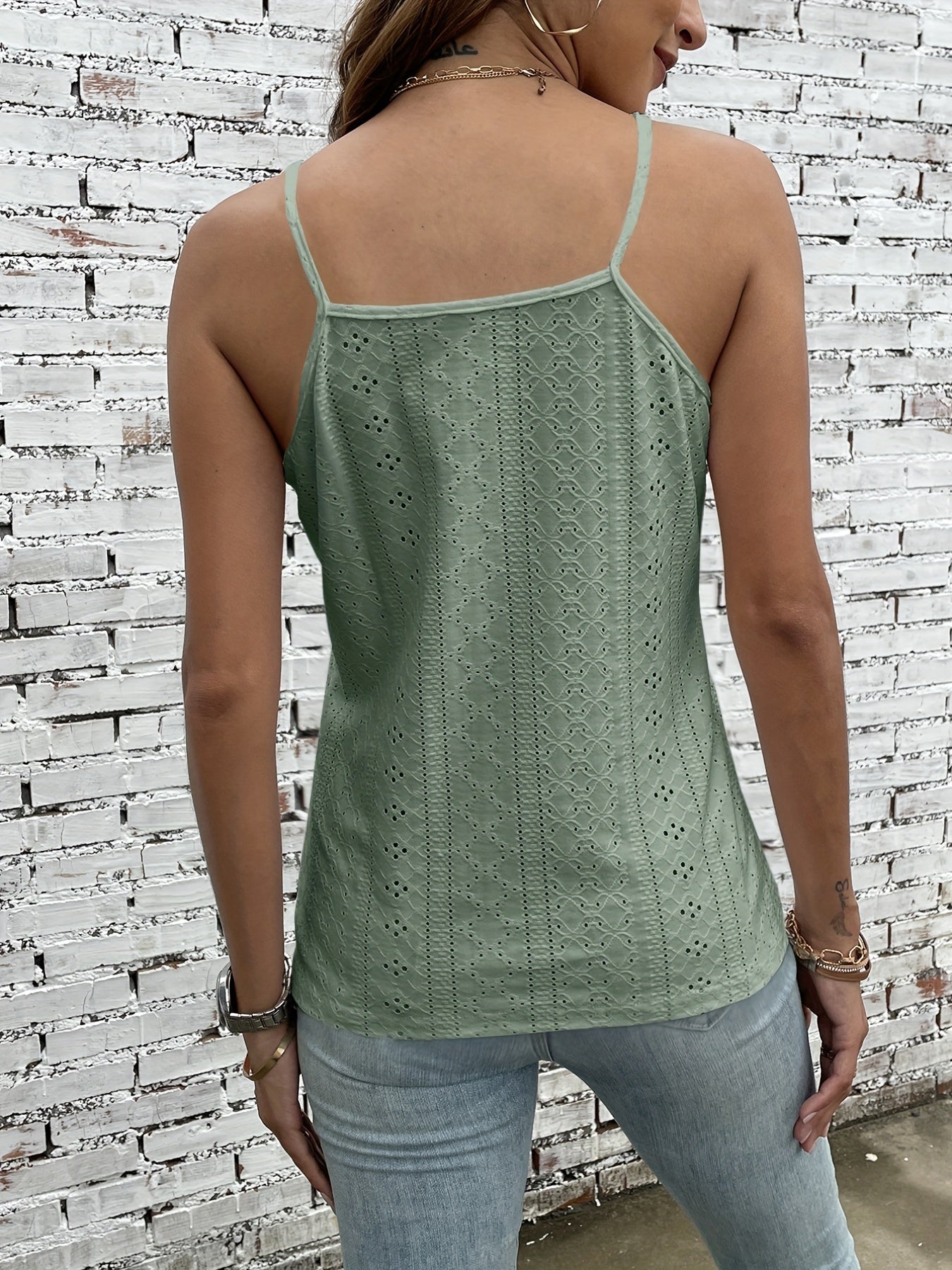 Eyelet Embroidered Lace Trim Cami Top V Neck Spaghetti Strap Top