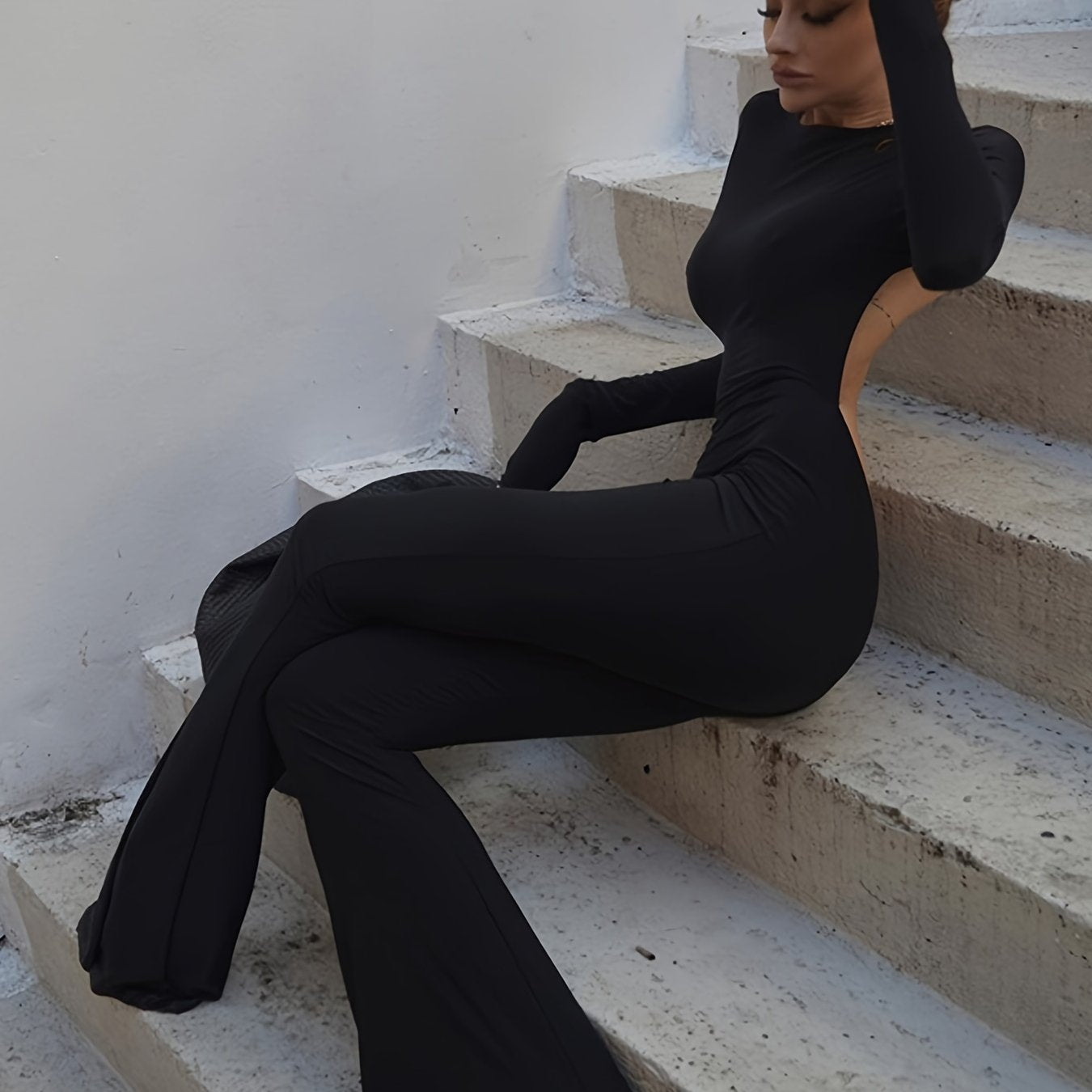 Backless Flared Leg Jumpsuit Sexy Long Sleeve Crew Neck Jumpsuit
