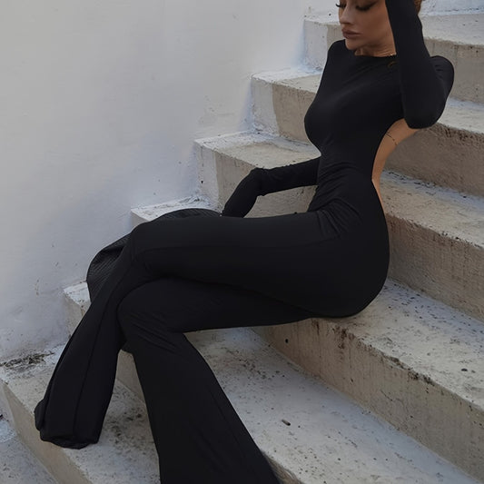 Backless Flared Leg Jumpsuit Sexy Long Sleeve Crew Neck Jumpsuit