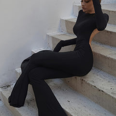 Backless Flared Leg Jumpsuit Sexy Long Sleeve Crew Neck Jumpsuit