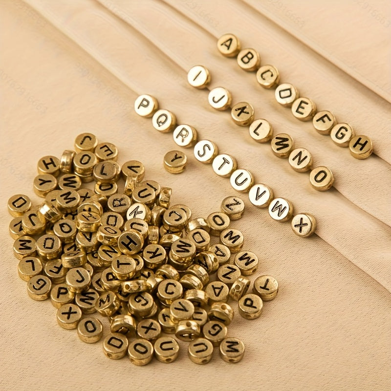 1000 Pcs Mixed Golden Acrylic Loose Spacer Round Flat Letter Beads