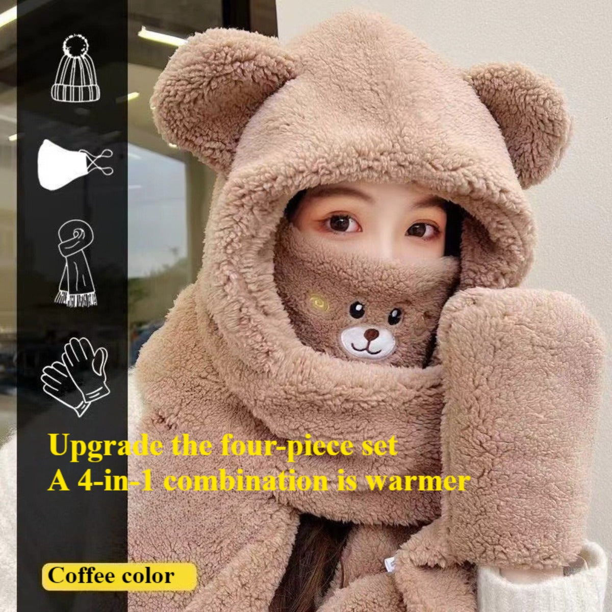 Bear Hooded Scarf Mask Gloves Set for Adults Winter Wear