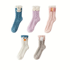 5 Pairs Plush Floor Socks Comfy Warm Cartoon Women's Stockings
