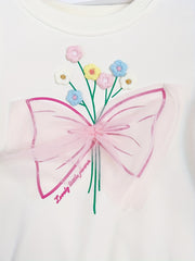 Girls Flowers Graphic Sweatshirt with Tulle, Long Sleeve Top Pullovers