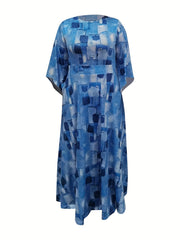 Denim Print Bell Sleeve Maxi Dress With Pockets