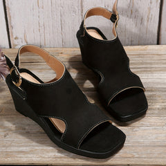 Women's Square Toe Wedge Sandals Cut out Buckle Strap Slingback Sandals