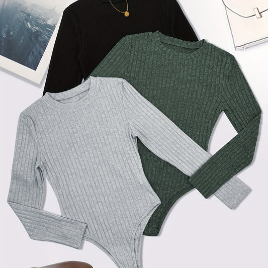 3 Pack Plus Size Ribbed Long Sleeve Round Neck Bodysuit Set