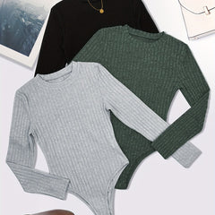 3 Pack Plus Size Ribbed Long Sleeve Round Neck Bodysuit Set