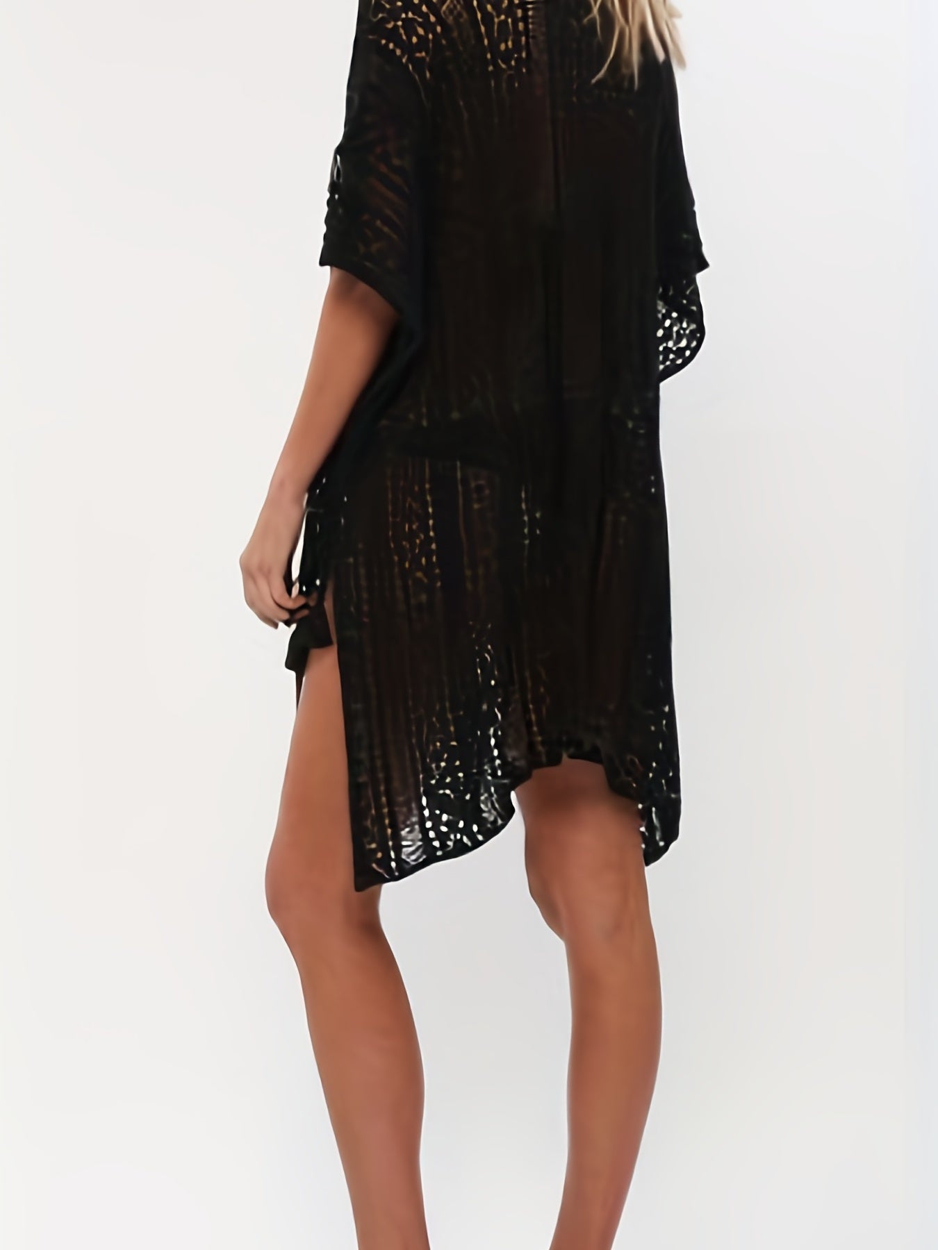 Knitted Split Side Cover Up V Neck Tassel Solid Beach Loose Cover Up