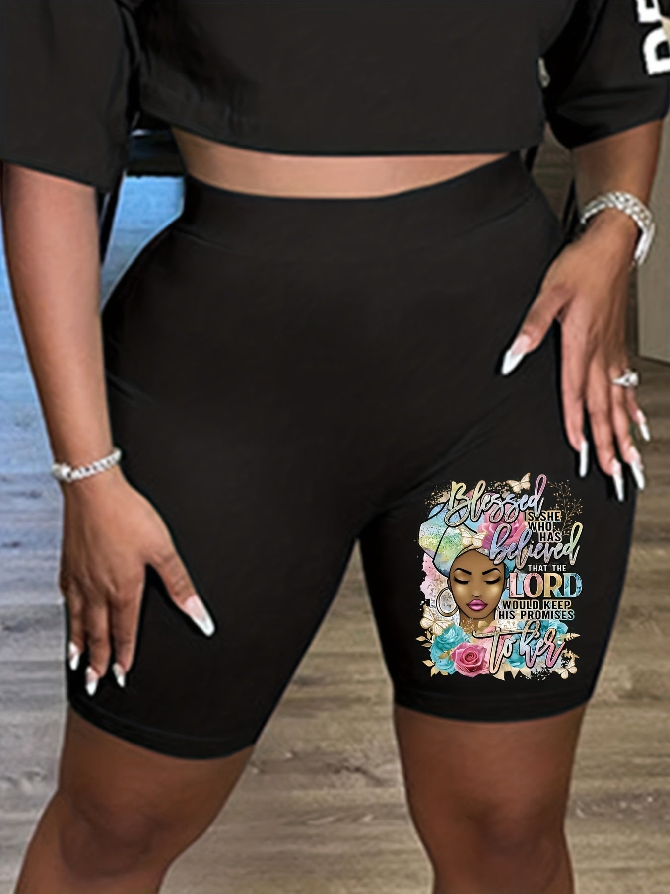 Casual Shorts Women's Plus Figure & Letter Print High Rise Biker Short