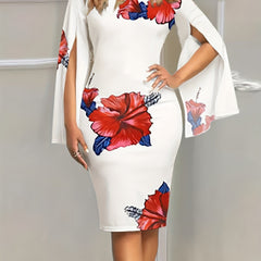 Women's Plus Floral Print Split Sleeve Round Neck High Stretch Slim Fit Dress