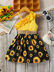 Toddler Girls Ruffle Trim Sunflower Dress Belted Princess Dress