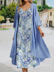 Spring & Fall 2pc Set Solid Open Front Coat & Floral Print Dress