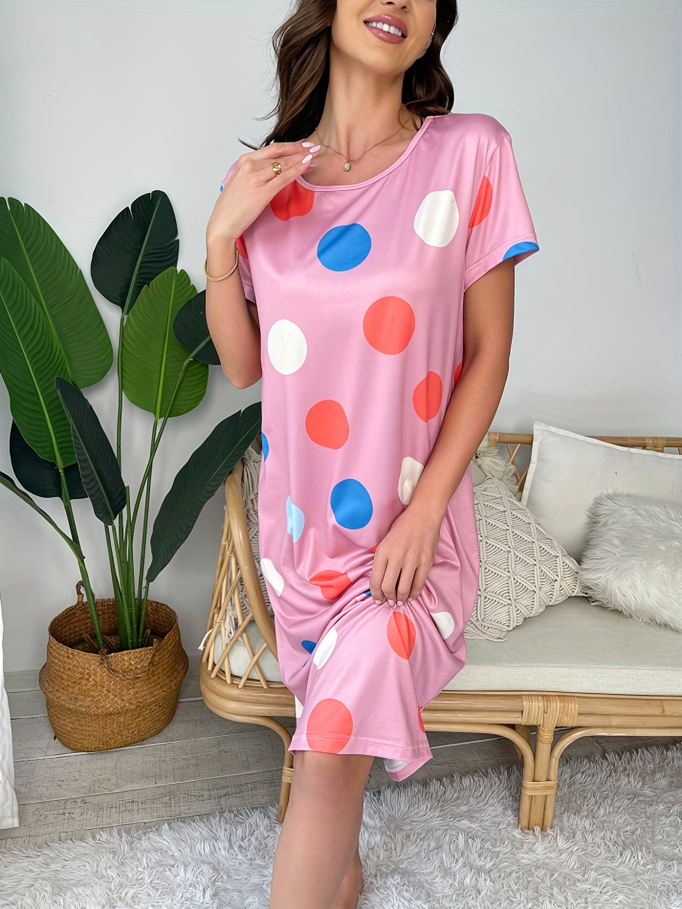 Polka Dot Nightdress Short Sleeve Crew Neck Sleepwear