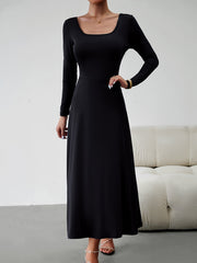 Solid Square Neck Maxi Dress Long Sleeve Women's Clothing