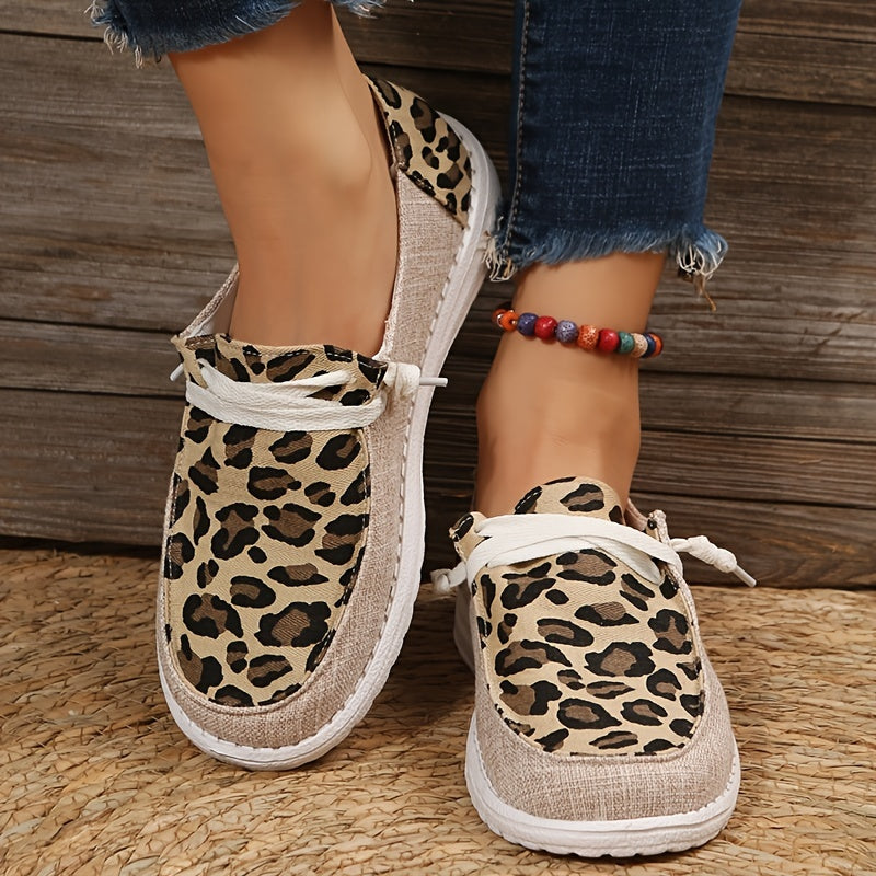 Leopard Print Loafers Lace Up Flat Canvas Shoes