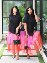 Contrast Mesh Short Sleeve Round Neck Layered Smock Maxi Dress