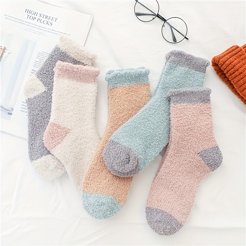 5 Pairs Colorblock Fuzzy Socks Comfy & Warm Women's Stockings