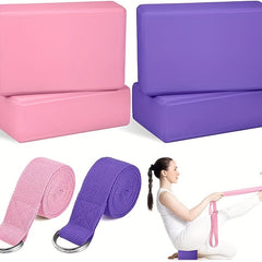 Yoga Block & Belt Combo for Beginners - Lightweight Foam Block with Non-slip