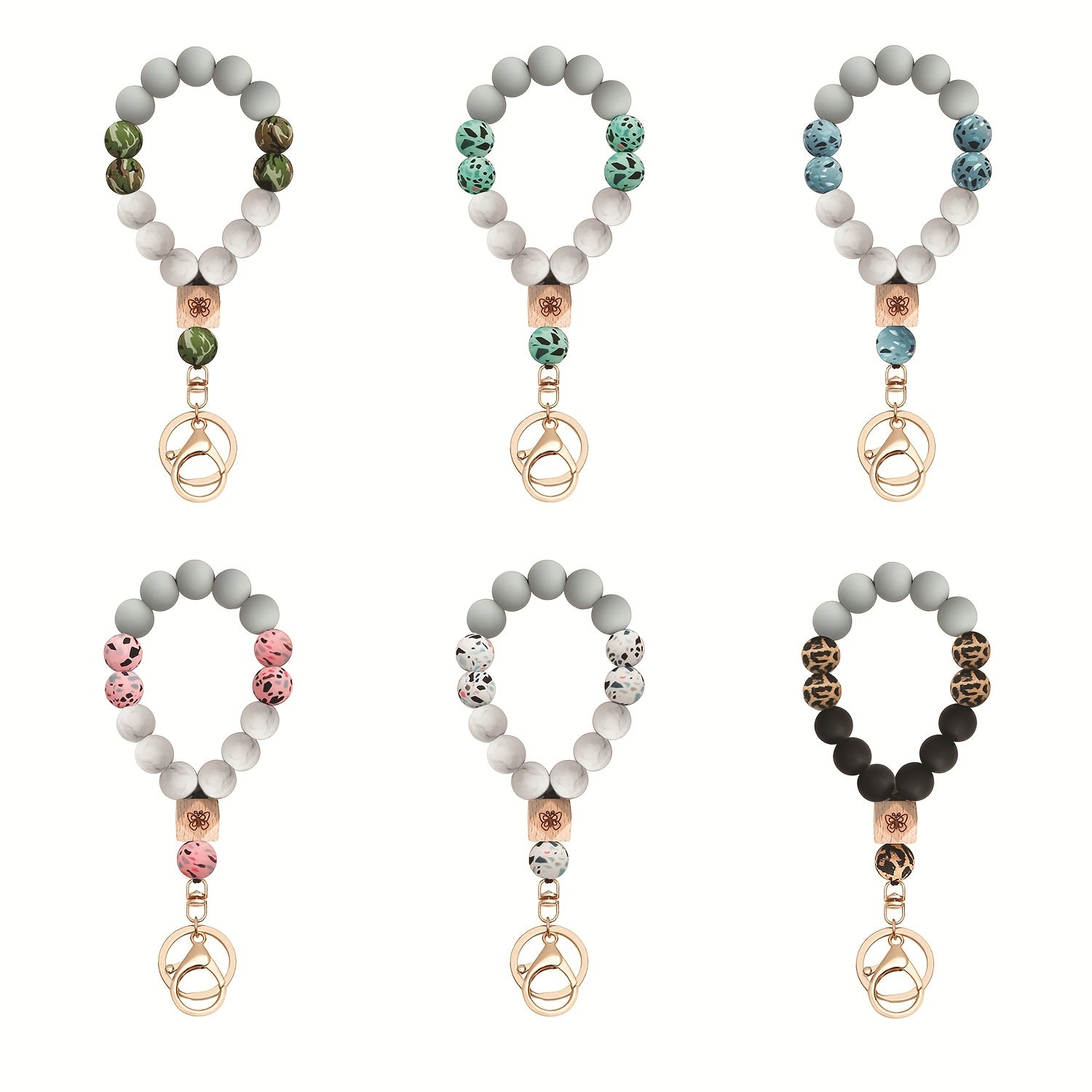 Butterfly Wood Bead Elastic Bracelet Key Chain