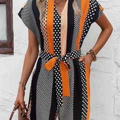 Print V Neck Belted Romper Jumpsuit Women's Clothing