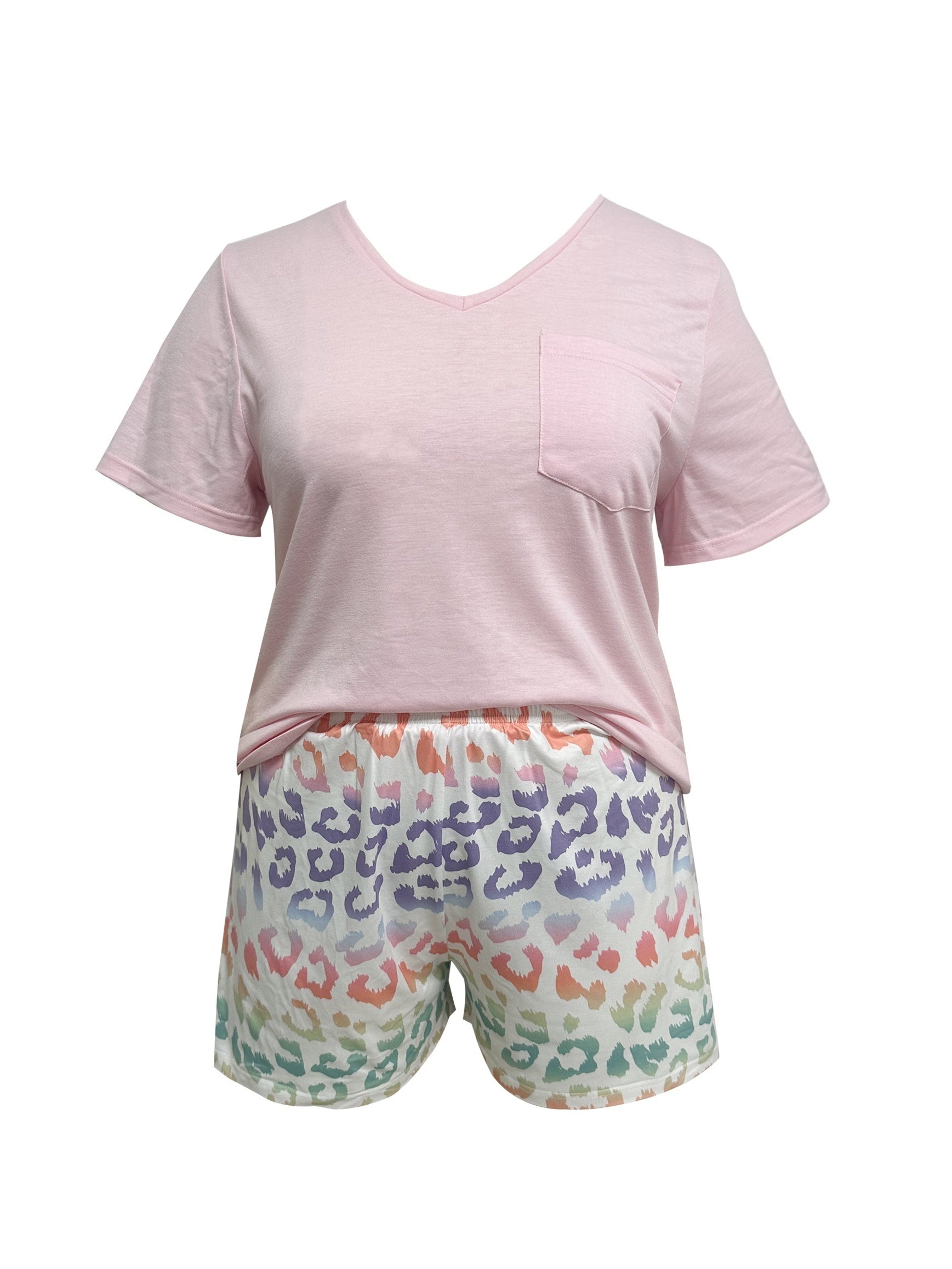 V Neck Tee & Leopard Shorts Pajama Set