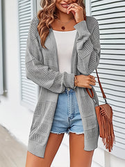 Eyelet Solid Knit Cardigan Open-Front Long Sleeve Sweater