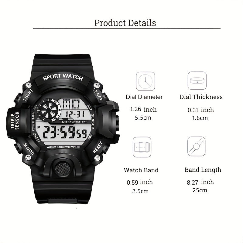 Men Silicone Strap Sporty Date Alarm Stopwatch Digital Watch