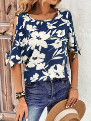 Floral Print Knotted Blouse Split Short Sleeve Crew Neck