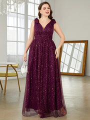 Glitter Bow Knot Sleeveless V Neck Maxi Formal Dress