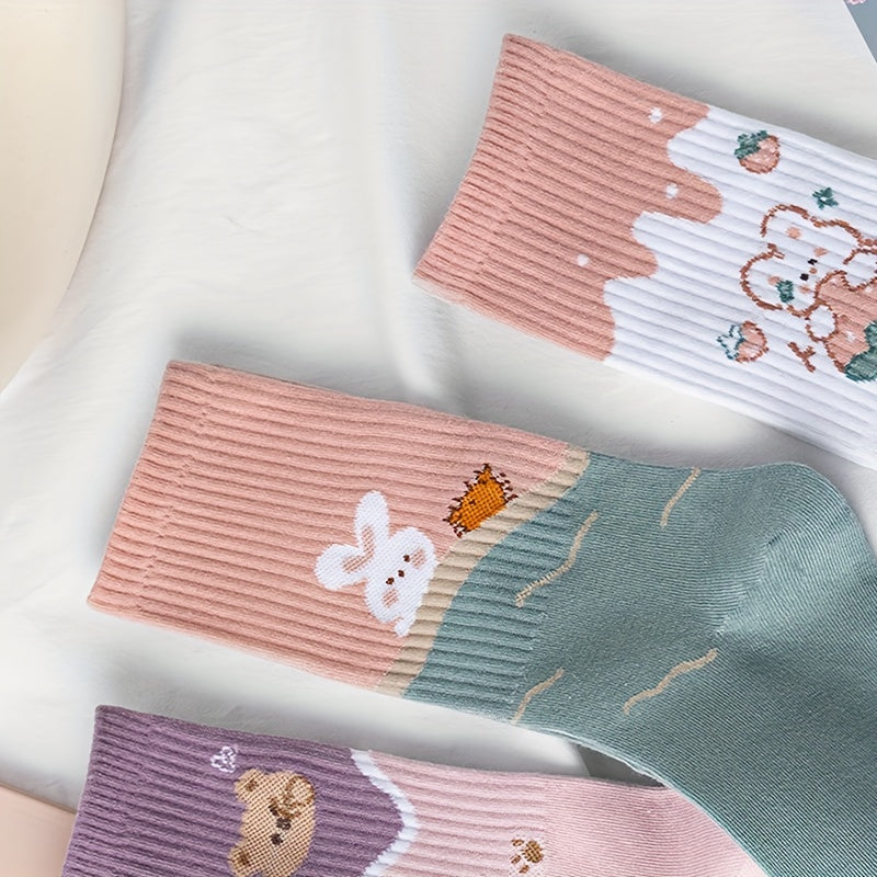3 Pairs Bear & Bunny Print Socks Women's Crew Stockings