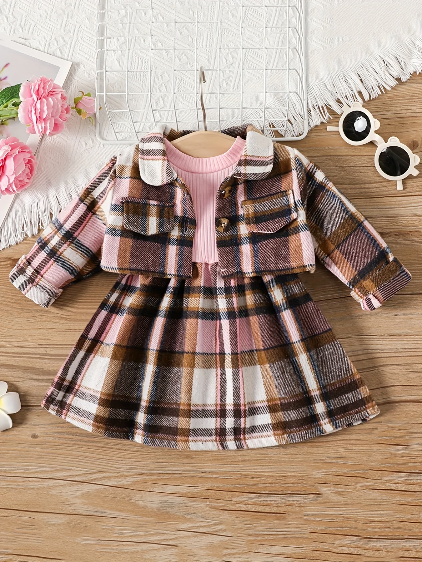 Toddler Baby Girls Patchwork Plaid Dress Coat 2pcs Set