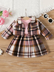 Toddler Baby Girls Patchwork Plaid Dress Coat 2pcs Set