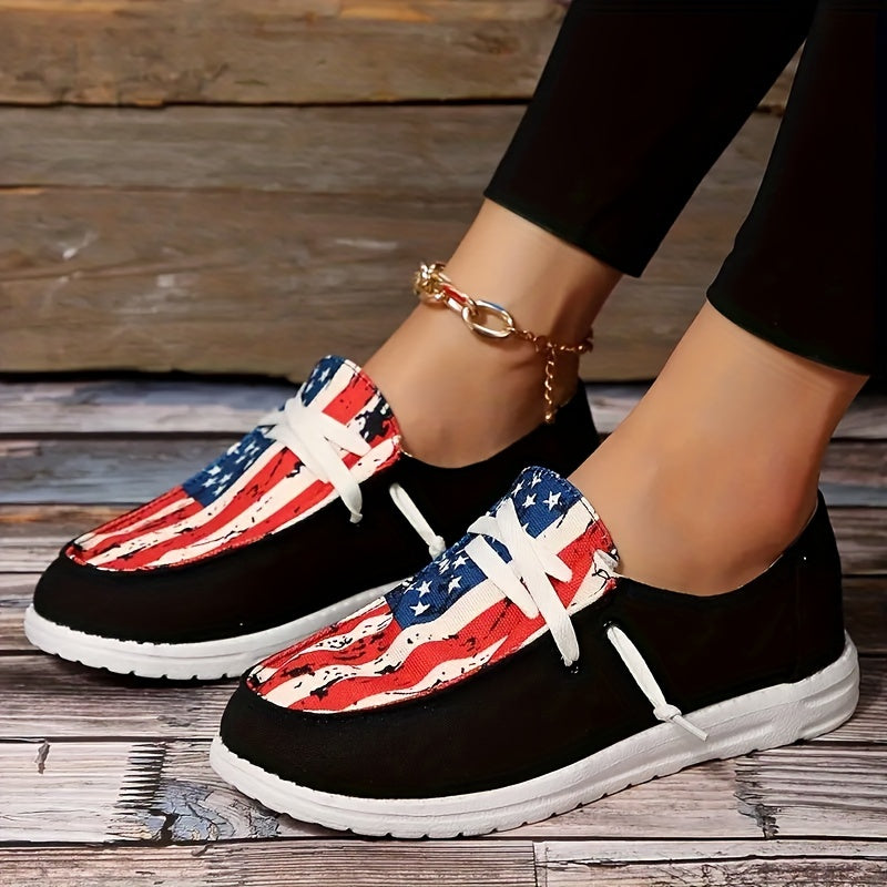 Women's Flag Stitching Canvas Lace-Up Shoes Lightweight Low Top Sneakers