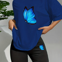 Butterfly Print Lounge Set Short Sleeve Crew Neck Top & Elastic Waistband Shorts