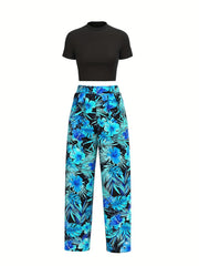 Casual Matching Two piece Set Solid Crop T shirt Plant Print Pants Outfit