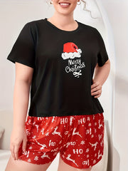 Christmas Lounge Set Elk Print Short Sleeve Tee & Shorts Pajama Set