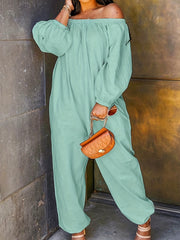Solid Off Shoulder Jumpsuit Casual Long Sleeve Jumpsuit