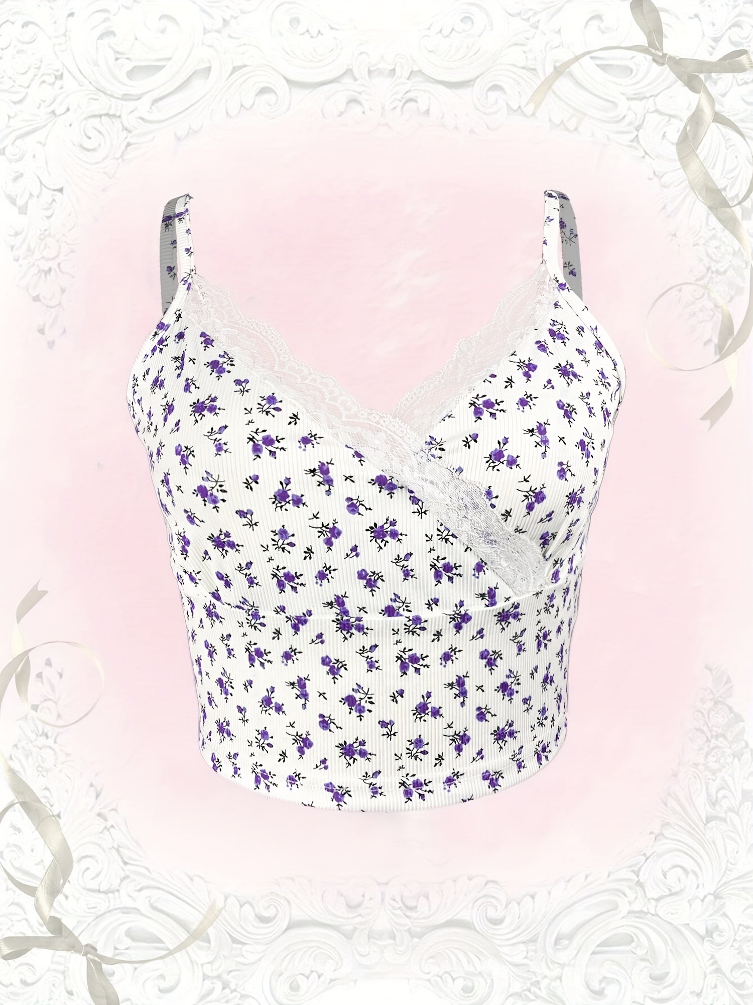 Floral Lace Trim Spaghetti Strap Crop Top V Neck Sleeveless Summer Casual